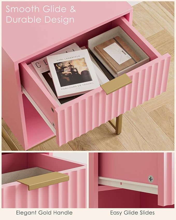 Masupu Fluted Nightstand, Modern Night Stand Wood Bedside Table with Storage Drawer Side End Table for Bedroom, Office, Pink