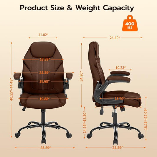 Ylzyxal Office Desk Chair, Ergonomic Computer Chair with Padded Flip-Up Arms and Adjustable Lumbar Support, PU Leather Executive Chair with Tilt Lock and 360° Swivel Rolling Wheels for Work, Study