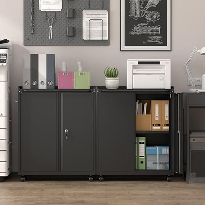 32''H Metal Storage Cabinets with Lock, Metal Garage Storage Cabinet on Wheels, Lockable Rolling Tool Chest Cabinet with Doors & Adjustable Shelves for Garage, Home, Office, Assembly Required