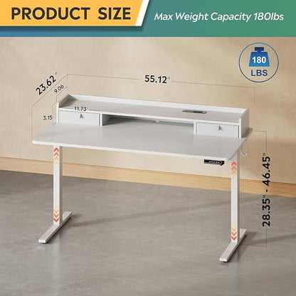 DEVAISE 55 Inch Electric Standing Desk with Shelf, Adjustable Computer Desk for Home Office, with LED Touchscreen, Headphone Hook, 3 Memory Preset, with One-Piece Desktop, White