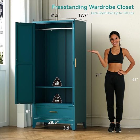 71" Tall Metal Armoire Wardrobe Closet,17.7" Deep By 31.5" Wide Portable Closet for Hanging Clothes,Wardrobe Cabinet with Drawer and Shelve for Bedroom Office Laundry Room,Blue 1 Pack