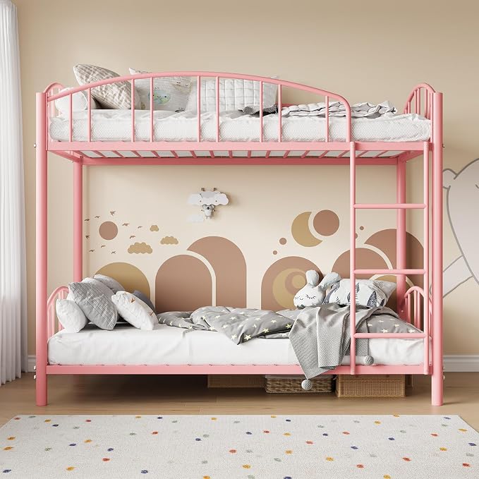 GarveeHome Metal Bunk Bed Twin Over Twin, Heavy Duty Bunkbeds Frame with Arched Guardrail and Safety Ladder, Sturdy Steel Bed for Kids Boys Girls, Space-Saving, No Box Spring Needed, Modern Pink