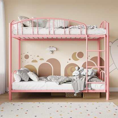 GarveeHome Metal Bunk Bed Twin Over Twin, Heavy Duty Bunkbeds Frame with Arched Guardrail and Safety Ladder, Sturdy Steel Bed for Kids Boys Girls, Space-Saving, No Box Spring Needed, Modern Pink