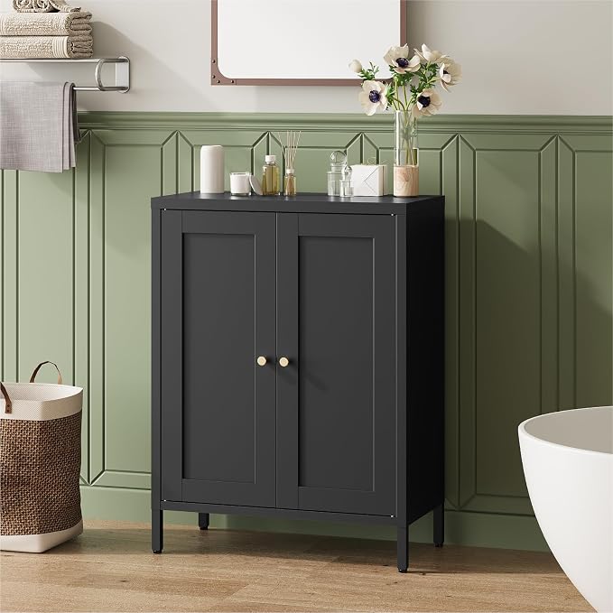 Metal Bathroom Cabinet, Small Floor Storage Cabinet, Freestanding Sideboard with 2 Adjustable Shelves for Living Room, Dining Room