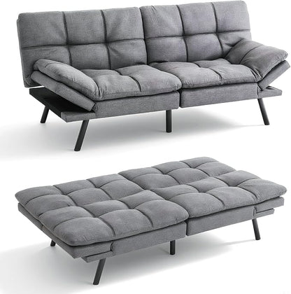 Vipbear 71" Futon Sofa Bed - Convertible Sofa Beds/Adjustable Backrest & Armrest, Comfy Loveseat Sleeper for Small Spaces, Apartments & Offices,Linen Fabric Medium Grey Futons