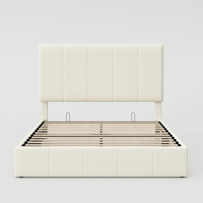 Allewie Queen Size Velvet Lift Up Storage Bed Frame, Vertical Channel Tufted Headboard, Hydrualic Underneath Storage, Upholstered Platform Bed, Wooden Slats Support, No Box Spring Needed, Cream