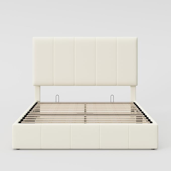 Allewie Full Size Velvet Lift Up Storage Bed Frame, Vertical Channel Tufted Headboard, Hydrualic Underneath Storage, Upholstered Platform Bed, Wooden Slats Support, No Box Spring Needed, Cream