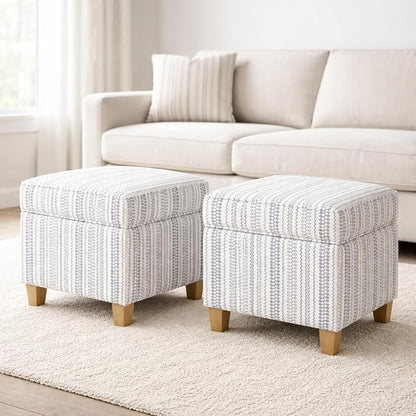 HomePop Home Decor | K7342-F2359 |Classic Square Storage Ottoman with Lift Off Lid | Ottoman with Storage for Living Room & Bedroom, Blue Stripe Large
