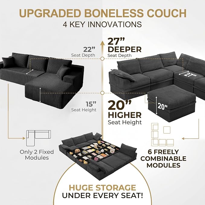 Upgrade Boneless Couch with Storage, Extra Deep&High Seat Modular Sectional Sofa 5 Seater U Shaped Couch with Ottoman, Tool-Free Assembly Sectional Couches for Living Room