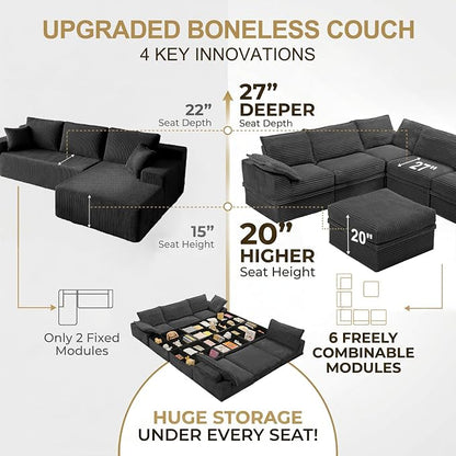 Upgrade Boneless Couch with Storage, Extra Deep&High Seat Modular Sectional Sofa 5 Seater U Shaped Couch with Ottoman, Tool-Free Assembly Sectional Couches for Living Room