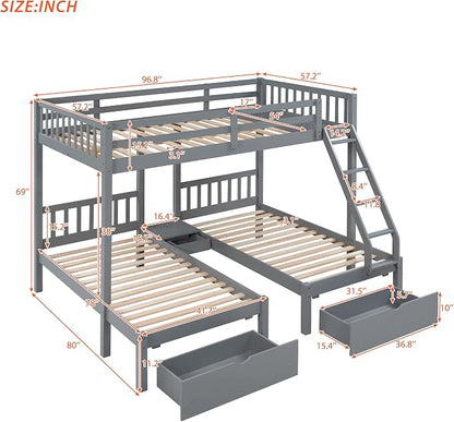 Wood Triple Bed Bunk Bed with 2 Storage Drawers, 3-in 1 Full Over Twin & Twin Bunk Bed Frame with Built-in Middle Drawer, Guardrail Ladder for Kids Teens Adults, Maximized Space Design (Grey1-full)
