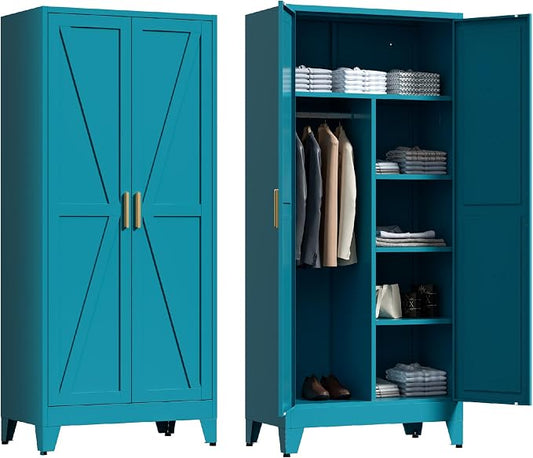 Washsemba 71'' Farmhouse Metal Wardrobe Cabinet with Hanging Rod, 2 Barn Door Wardrobe Closet with 5 Adjustable Shelves,Drawer,for Dining Room,Bedroom,Living Room, Cloak Room,Office (Peacock Blue)