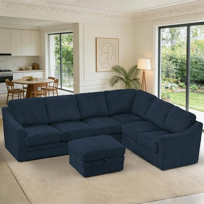115 Inches Corduroy Sectional Sofa with Storage Ottoman, Modern 7 Seats Corner Couch with Deep Seat, Comfy Modular U Shaped Couch with Comfortable Cushions for Living Room, Blue