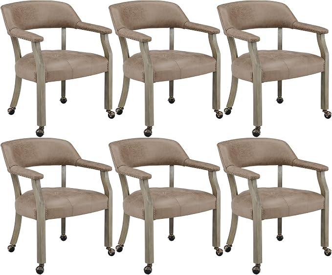 LEEMTORIG Set of 6 Dining Chairs with Casters and Arms, Rolling Dining Chairs with Wheels for Elderly, Ergonomic Wide Seat Wood Office Chairs, 26"Dx25.2"W, Grey Legs&Yellowish Brown Fabric SY-1318-LT