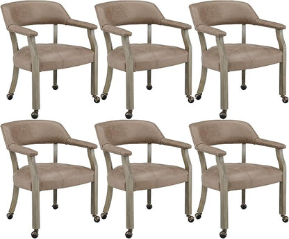 LEEMTORIG Set of 6 Dining Chairs with Casters and Arms, Rolling Dining Chairs with Wheels for Elderly, Ergonomic Wide Seat Wood Office Chairs, 26"Dx25.2"W, Grey Legs&Yellowish Brown Fabric SY-1318-LT