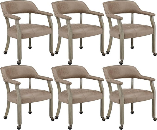 LEEMTORIG Set of 6 Dining Chairs with Casters and Arms, Rolling Dining Chairs with Wheels for Elderly, Ergonomic Wide Seat Wood Office Chairs, 26"Dx25.2"W, Grey Legs&Yellowish Brown Fabric SY-1318-LT