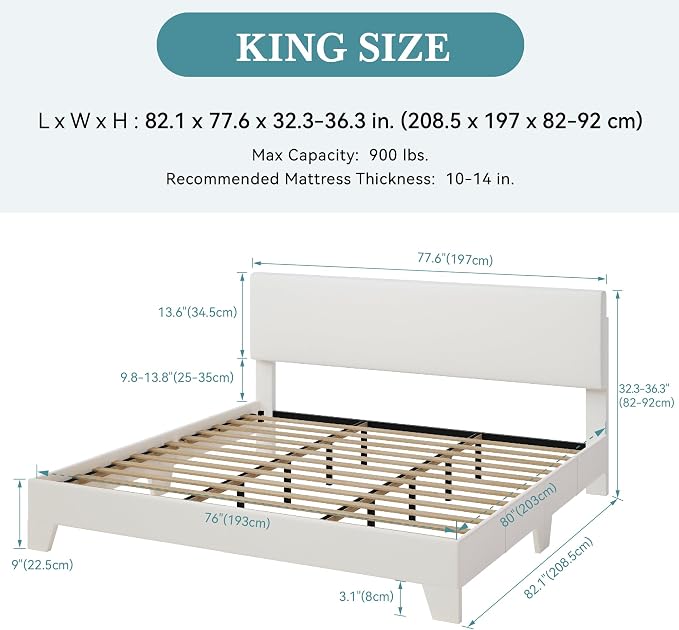 SHA CERLIN PU Leather Upholstered King Size Bed Frame with Headboard,White | Adjustable Low-Profile Platform Bed, Minimalist Design, Stable Mattress Foundation, Strong Back-Support, No Box Spring Needed