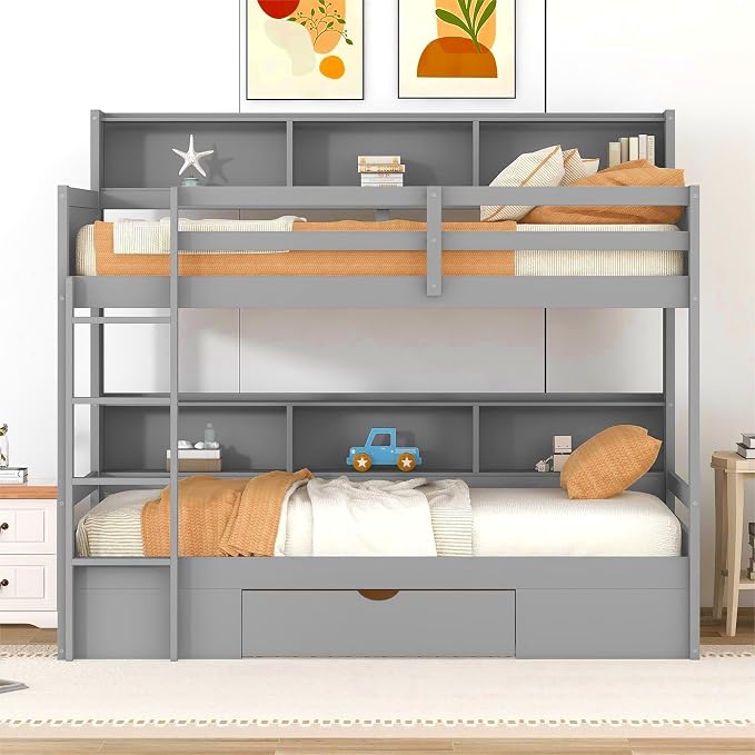 RUNNA Twin Bunk Bed with Storage Drawer,Shelves,Ladder,Gray | Twin bunk bed with storage drawer, shelves, ladder, guardrails, solid wood, no box spring needed, white, kids teens