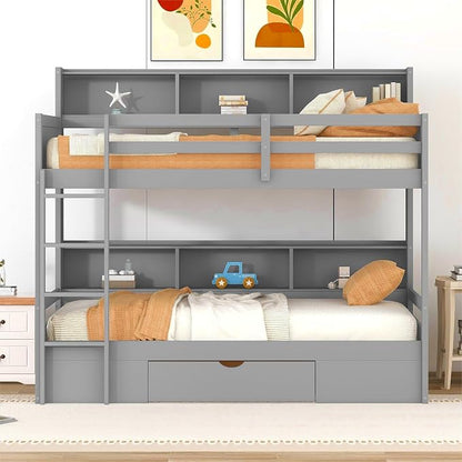 RUNNA Twin Bunk Bed with Storage Drawer,Shelves,Ladder,Gray | Twin bunk bed with storage drawer, shelves, ladder, guardrails, solid wood, no box spring needed, white, kids teens