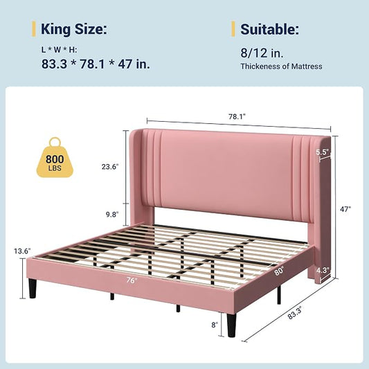 Allewie King Size Velvet Platform Bed Frame with Vertical Tufted Wingback Headboard, Easy Assembly, Under Bed Storage, No Box Spring Required, Modern Style, Pink