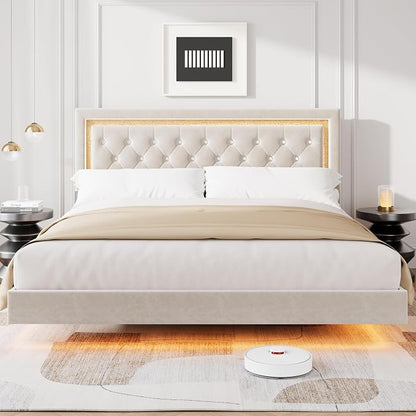 Garvee Floating Bed Frame King Size with Smart Led Lights, Upholstered Platform Bed with Diamond Headboard, Solid Wood Slats Support, No Box Spring Needed, Noise-Free, Easy Assembly, White