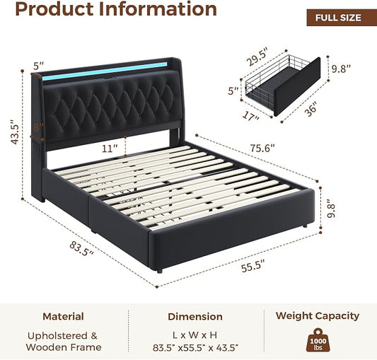Full LED Velvet Bed Frame with 2 Storage Drawers&Hidden Headboard, Upholstered Platform Bed with Charging Station&Button Tufted Design, Wooden Slats Support, Box Spring Optional, Easy Assembly, Black