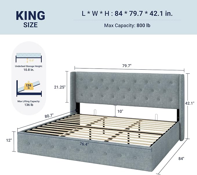 Allewie King Size Lift Up Storage Bed, Button Tufted Headboard with Wingback, Hydraulic Support, No Box Spring Needed, Grey Blue