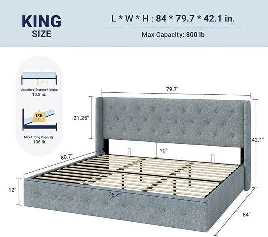 Allewie King Size Lift Up Storage Bed, Button Tufted Headboard with Wingback, Hydraulic Support, No Box Spring Needed, Grey Blue