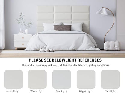 Peel and Stick Upholstered Wall Mounted Headboard King Size, 12 Panels 3D Soundproof Leather Headboard,Wall Mounted Headboards,Reusable and Removable Wall Panels, 10"x24" White