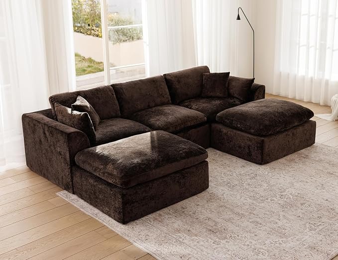 115" Modular Sectional Sofa – Modern Cloud Couch with Deep Chenille Seats, U-Shaped Boneless Sofa, Pet-Friendly, No Assembly, Brown (3 Seater + 2 Ottoman)