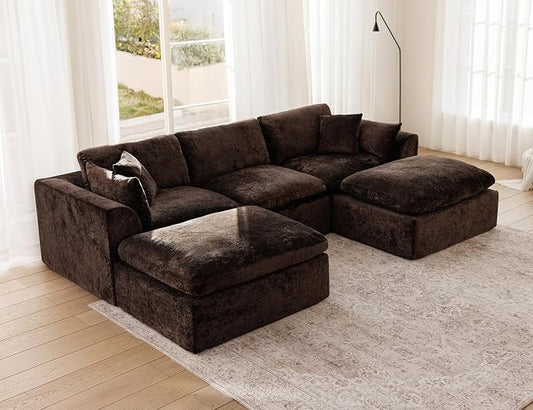 115" Modular Sectional Sofa – Modern Cloud Couch with Deep Chenille Seats, U-Shaped Boneless Sofa, Pet-Friendly, No Assembly, Brown (3 Seater + 2 Ottoman)
