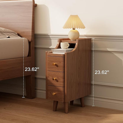 Solid Wood Narrow Nightstand with Drawers,Walnut Nightstand Wood Bedside Table Modern for Bedroom,Study,Toilet