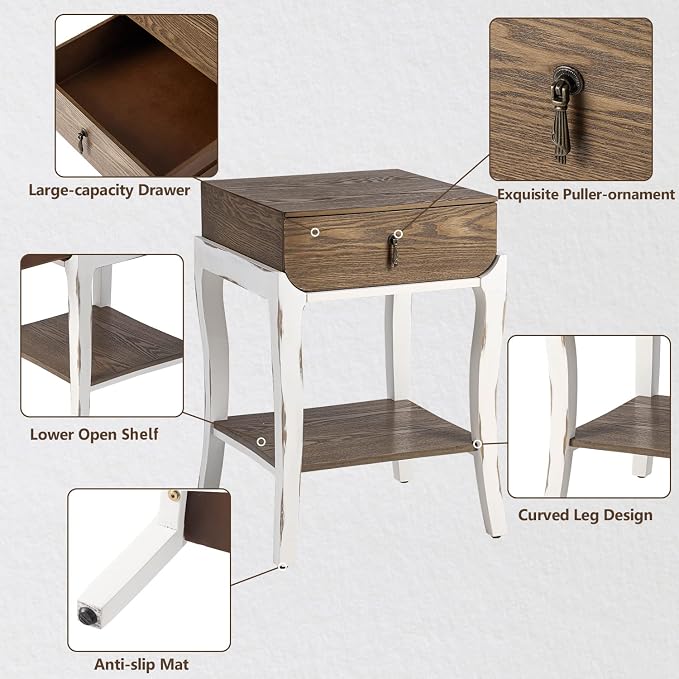 COSIEST Rustic Nightstand, 2-Tier Farmhouse Bedside Table, Wood Accent End Table with Storage Drawer and Open Display Shelf for Bedroom Nursery Living Room(Walnut)