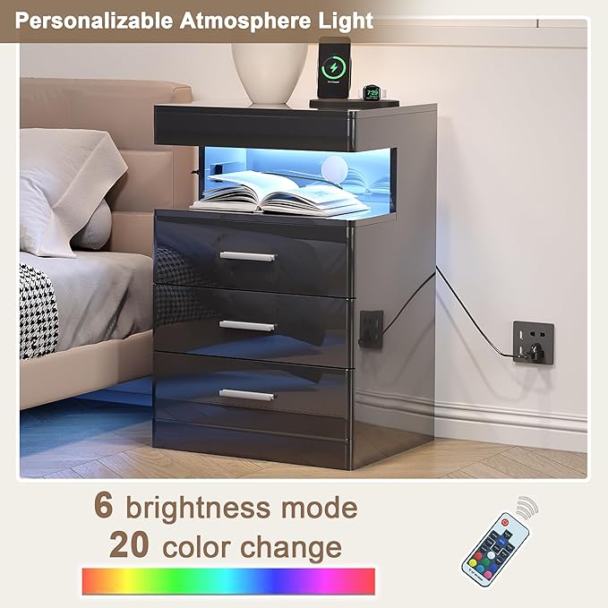 Treocho Led Nightstand with Hidden Space, Modern Night Stand with Charging Station, 3 Drawer Smart Nightstand with Glossy Finish, Tall Bedside Table with RGB Lights for Bedroom, Black