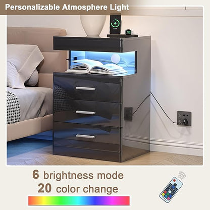 Treocho Led Nightstand with Hidden Space, Modern Night Stand with Charging Station, 3 Drawer Smart Nightstand with Glossy Finish, Tall Bedside Table with RGB Lights for Bedroom, Black