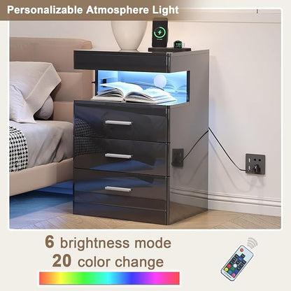 Treocho Led Nightstand with Hidden Space, Night Stand Set of 2 with Charging Station, 3 Drawer Smart Nightstand with Glossy Finish, Tall Bedside Table with RGB Lights for Bedroom, Black