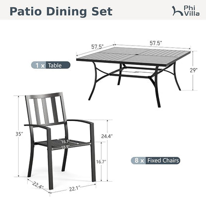 PHI VILLA 9 Pieces Outdoor Dining Set for 8, 57.5” Square Black Metal Table with Umbrella Hole & Stackable Iron Chairs, Large Outside Furniture Set for Patio, Deck, Yard, Porch