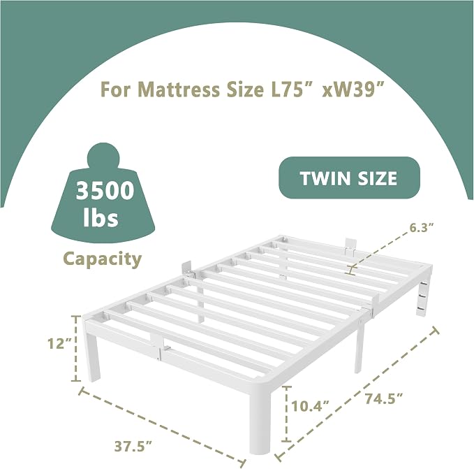 ITIMIDI 12 Inch White Twin Bed Frames, Metal Twin Size Platform Bed Frame with Round Corner Legs, Heavy Duty Steel Support 3500 LBS, Storage Space, No Box Spring Needed, Noise Free, Easy Assembly
