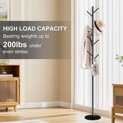 Coat Rack with Natural Marble Base, Metal Freestanding Coat Rack with 8 Hooks, Heavy Duty Coat Hanger Stand for Entryway, Office, Bedroom,Dorm for Coats, Hats, Handbags and Scarves(Black)
