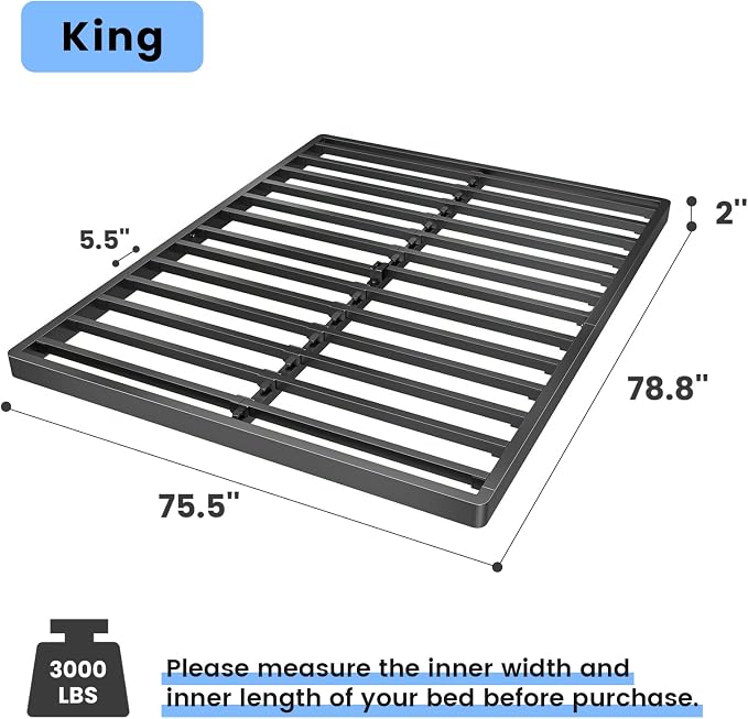 Superay 2 Inch King Box Spring Low Profile, Heavy Duty Metal Box Spring Bed Base, Bunkie Board Bed Slat Replacement, Mattress Foundation, Easy Assembly, Noise Free
