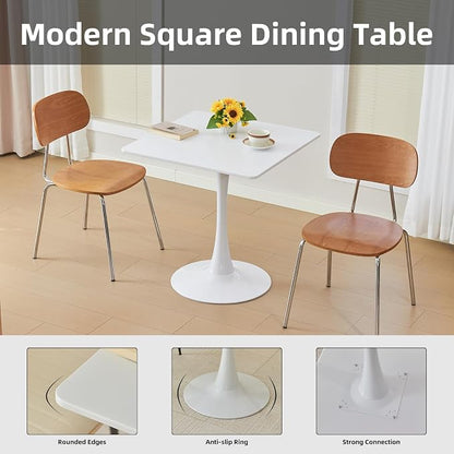 Square Dining Table, 27.6" Tulip Table with Thickened Tabletop & Metal Pedestal, Mid Century Modern Bistro Table for Kitchen, Small Places, Living Room, Cafe (White)