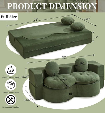 75” Full Size Convertible Sleeper Sofa Bed, Boneless Folding Futon Loveseat Sofa with 2 Pillows, High Density Foam Compressed Foldable Guest Couch for Living Room Apartment (Green Corduroy)