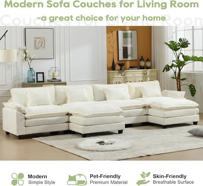Oprisen 154" Modular Sectional Sofa, Comfy Cloud Couch Sectional Sofa with Ottoman, Chenille Sofa Sleeper Deep Seat Sofa with Throw Pillows for Living Room (Beige White, 154"- U Shape)