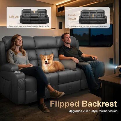 Loveseat Recliner Sofa, Home Theater Seating with Massage, 3 Seat Reclining Loveseats with Flip Backrest, Wall Hugger RV Couch Theater Chairs, RV Furniture Sofas with USB, Cup Holders for Gaming Room