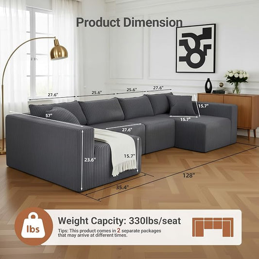 Claiks 128" Modular U‑Shaped Boneless Cloud Couch, Deep Seat Sectional Sofa with Double Chaise, No Assembly Required, Modern Oversized Couches for Living Room, Dark Grey