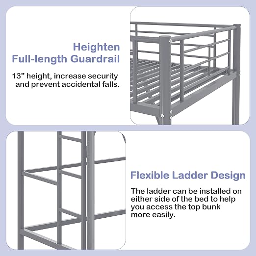 VECELO Metal Loft Bed Twin Size, Heavy Duty Bedframe with Removable Ladder and Safety Guardrail, Space-Saving, Noise Free, No Box Spring Needed, Grey