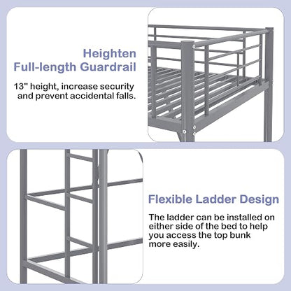 VECELO Metal Loft Bed Twin Size, Heavy Duty Bedframe with Removable Ladder and Safety Guardrail, Space-Saving, Noise Free, No Box Spring Needed, Grey
