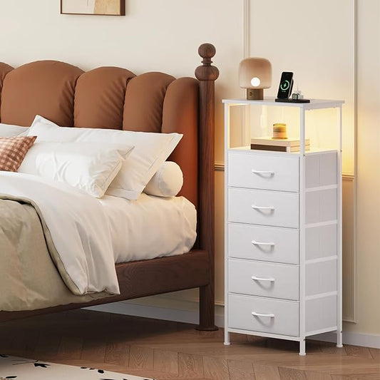 Somdot White Nightstand with Charging Station and LED Light for Bedroom, Tall 5 Drawers Dresser with Fabric Bins for Bedside Kids Dorm Room Closet Laundry Entryway, White Leather