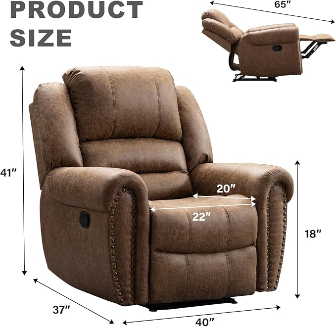 INZOY Leather Recliner Chair, Heavy Duty Manual Reclining Sofa Single Lounge Sofa for Living Room, Home Theater Seating, Light Brown