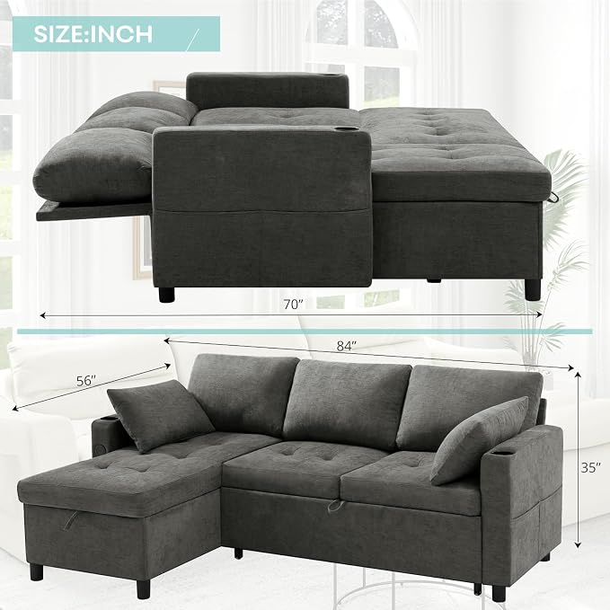 84" L-Shape Reversible Sectional Sofa Bed w/USB Port, Light Grey | Upholstery Sleeper Couch w/Adjustable Backrests & Storage Chaise, Chenille Modern Sofa w/Pull-Out Bed for Living Room